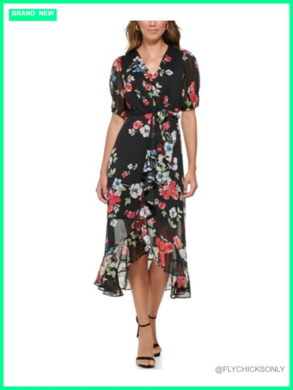 Ruffle Hem V-Neck Puff Sleeve Midi Dress A-Line Business Casual